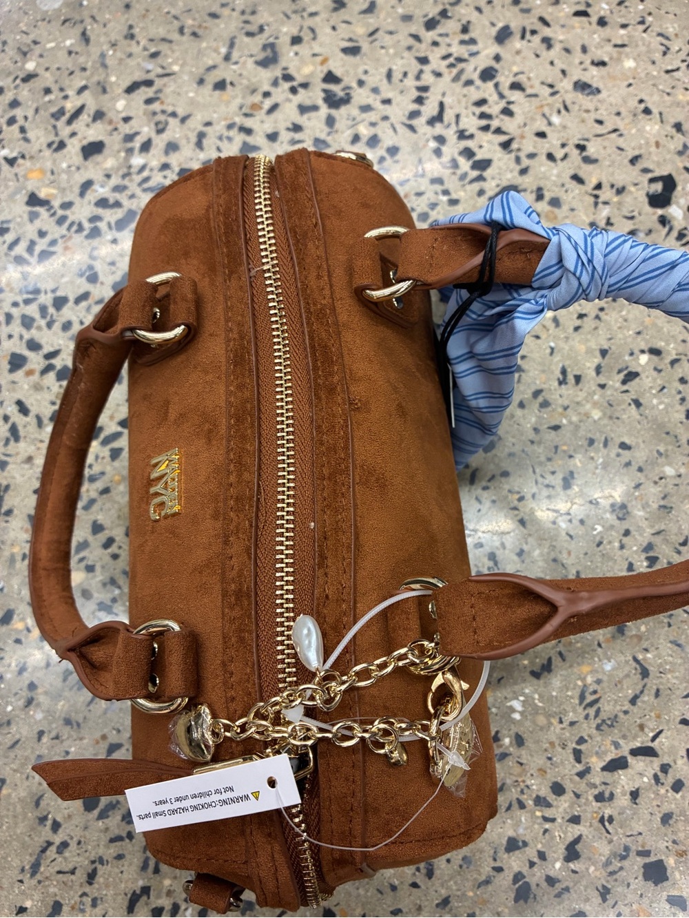 Suede Barrel Satchel in Chestnut Brown with Gold Accents